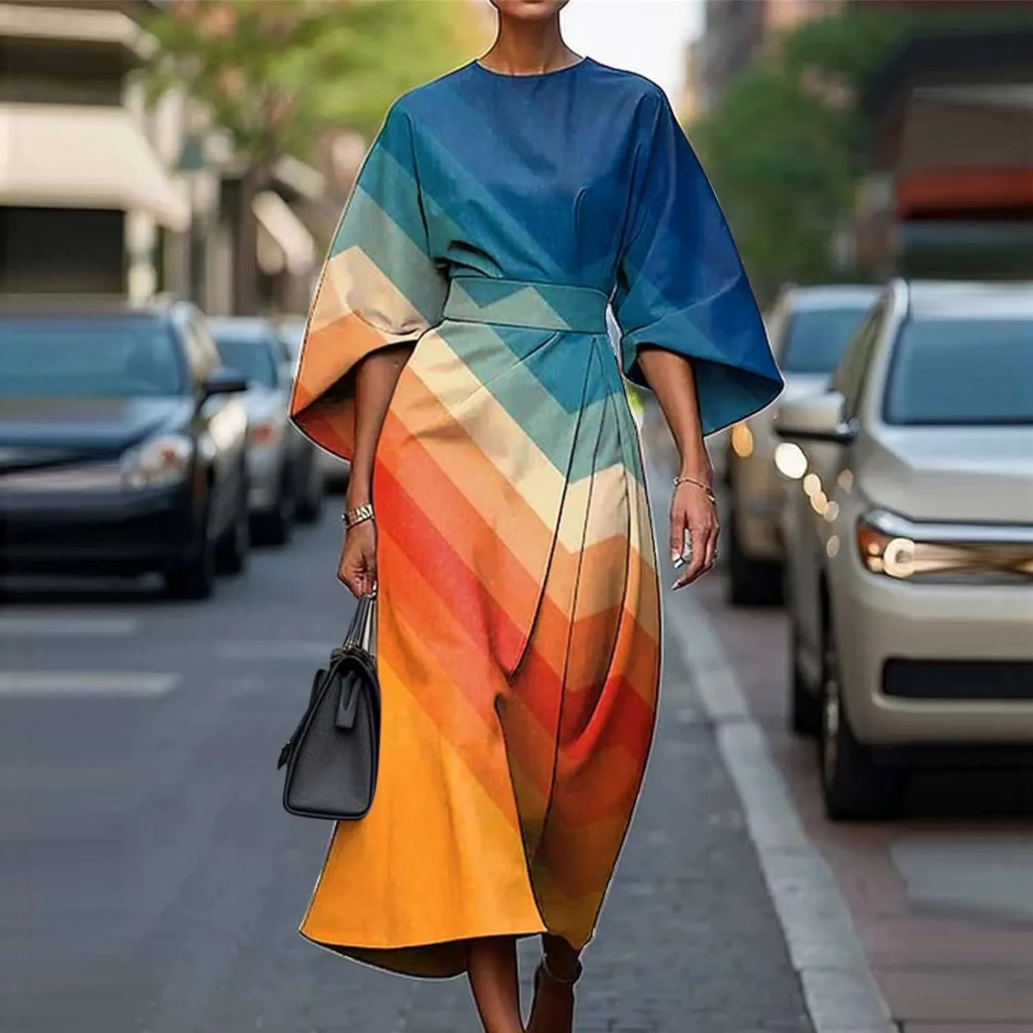 Women's Spring Summer Dress Elegant Floral Print Empire Waist Sundress Crew Neck Loose Half Sleeve Maxi Dresses