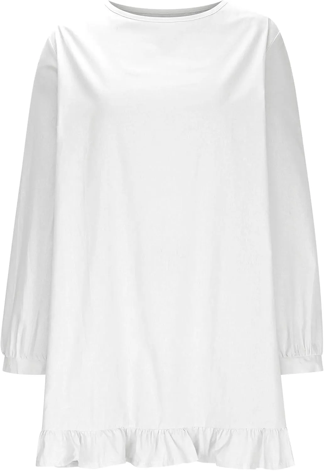 Womens Tunic Shirt Mini Dress Cotton Linen Long Sleeve Beach Dress Round Neck Ruffle Hem Summer Casual Dresses