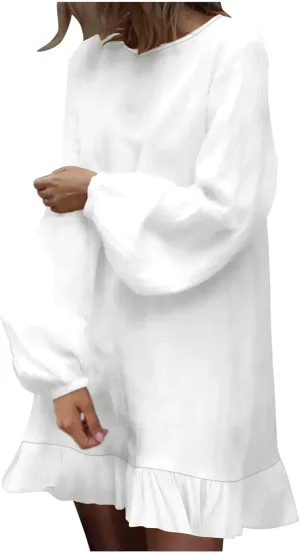 Womens Tunic Shirt Mini Dress Cotton Linen Long Sleeve Beach Dress Round Neck Ruffle Hem Summer Casual Dresses