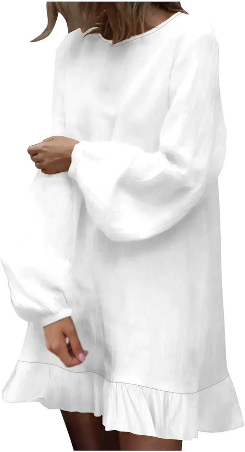 Womens Tunic Shirt Mini Dress Cotton Linen Long Sleeve Beach Dress Round Neck Ruffle Hem Summer Casual Dresses
