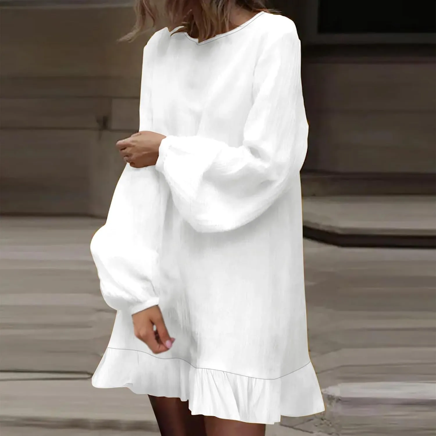 Womens Tunic Shirt Mini Dress Cotton Linen Long Sleeve Beach Dress Round Neck Ruffle Hem Summer Casual Dresses