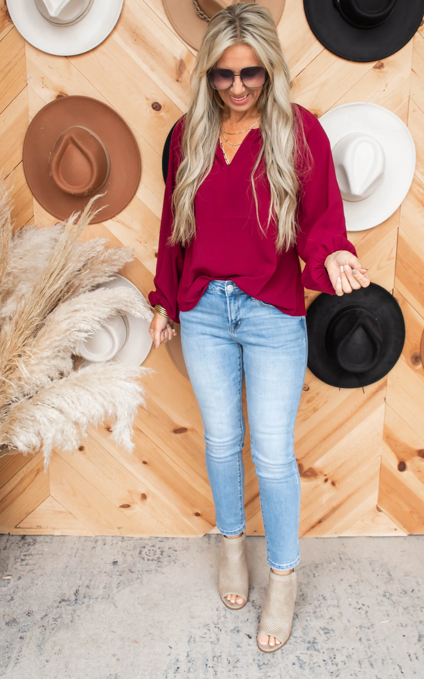 Woven Split Top Blouse Top - Wine