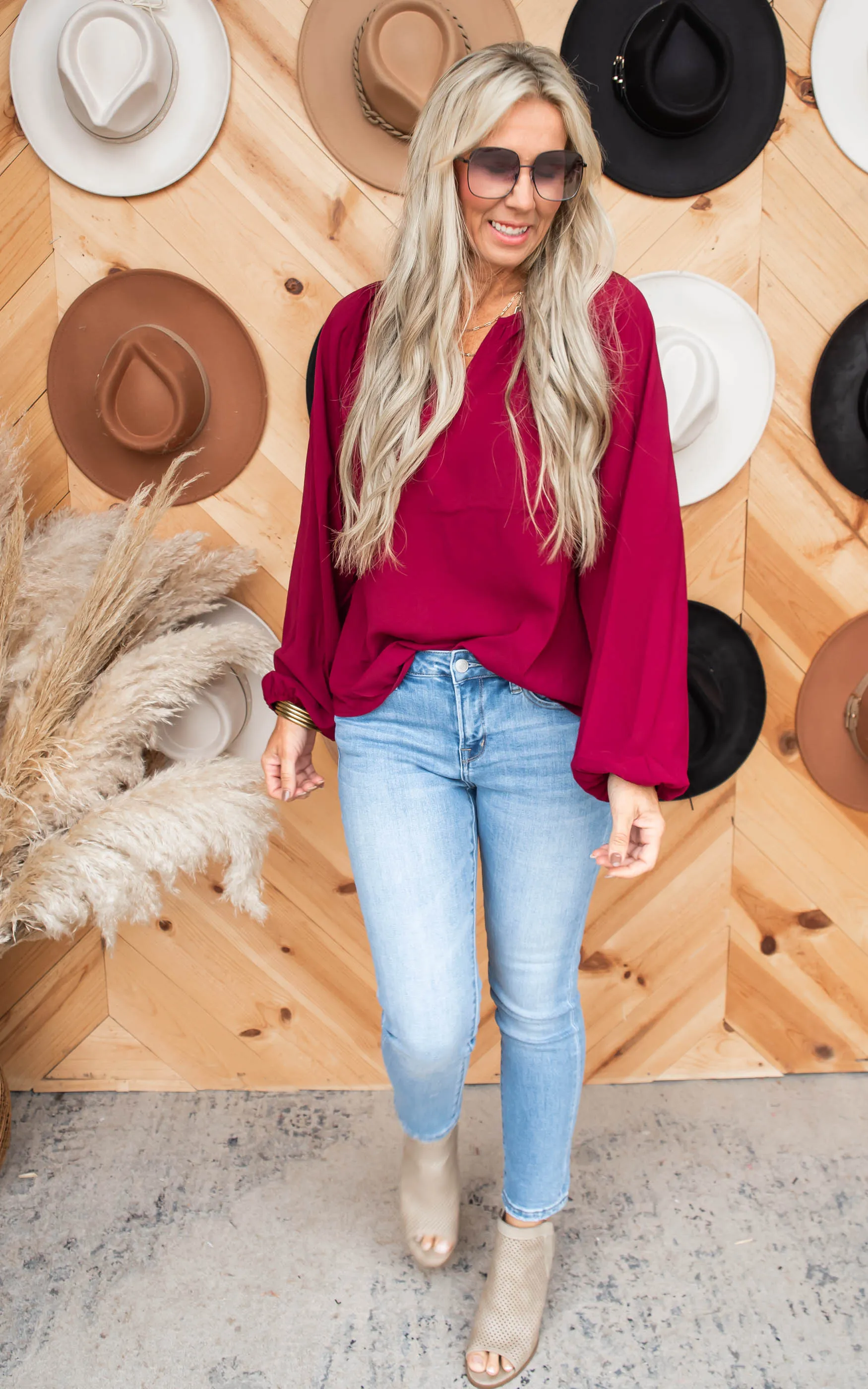 Woven Split Top Blouse Top - Wine