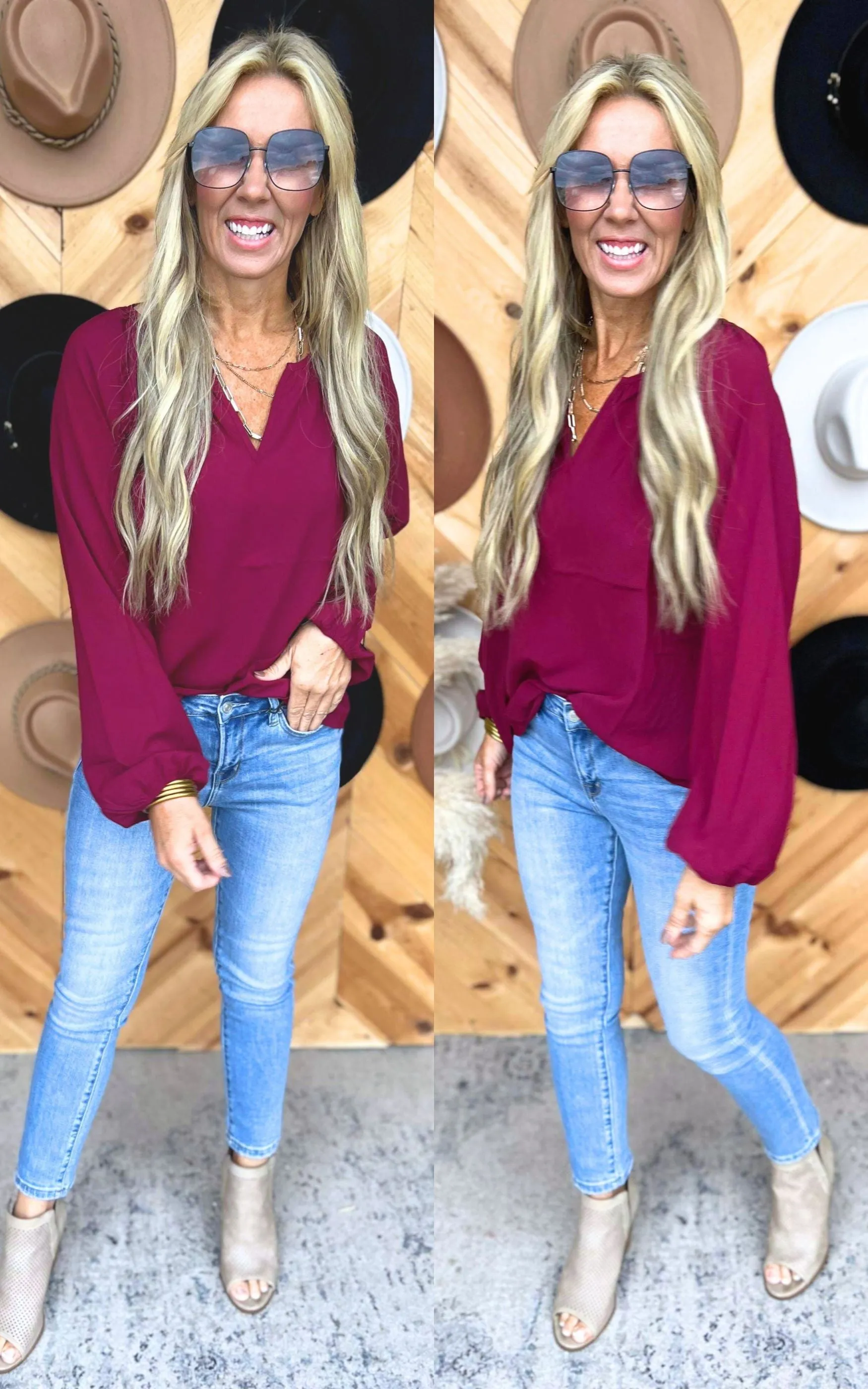 Woven Split Top Blouse Top - Wine