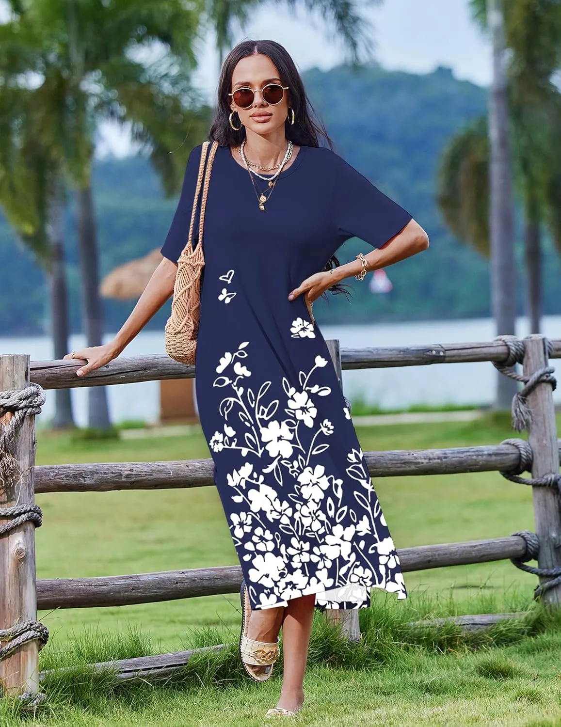 Zeagoo Women Floral Summer Dress Casual Beach Dress Printed T Shirt Dress Split Long Dress Travel 2025 Vacation Dress