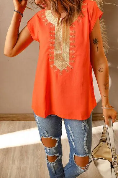 Zesty Embroidered Orange Short Sleeve Blouse