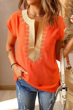 Zesty Embroidered Orange Short Sleeve Blouse
